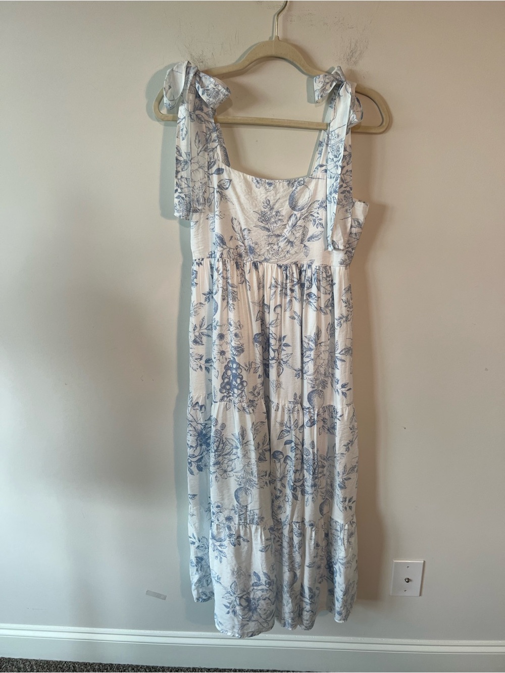 Blu Pepper White Dress with Blue Floral Print Smocked Back Shoulder Ties